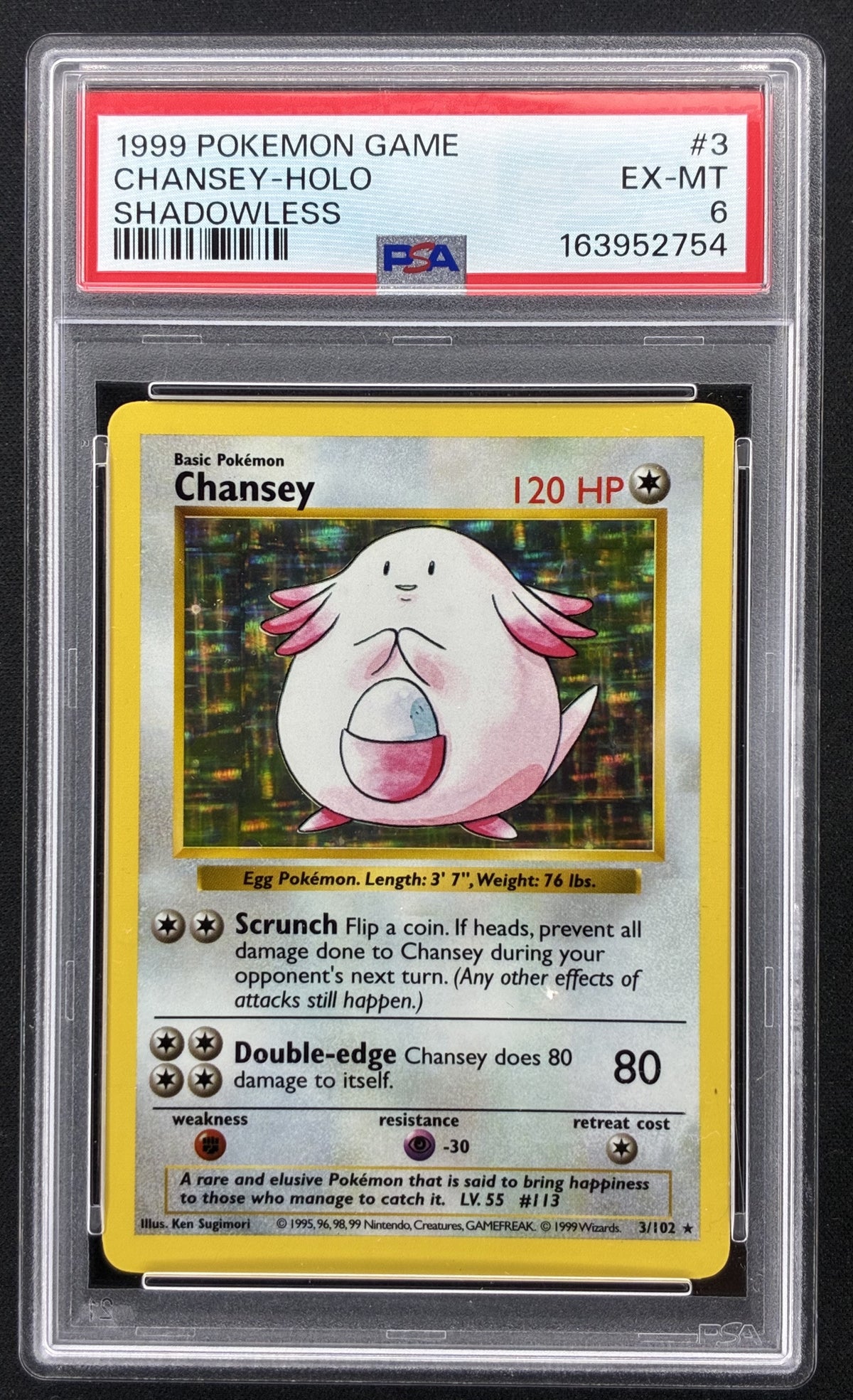 1999 Pokémon Base Set Shadowless Chansey 3/102 Holo Rare PSA 6 EX-MT.