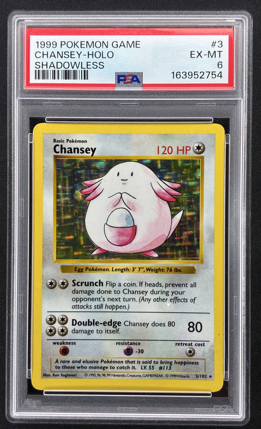 1999 Pokémon Base Set Shadowless Chansey 3/102 Holo Rare PSA 6 EX-MT.