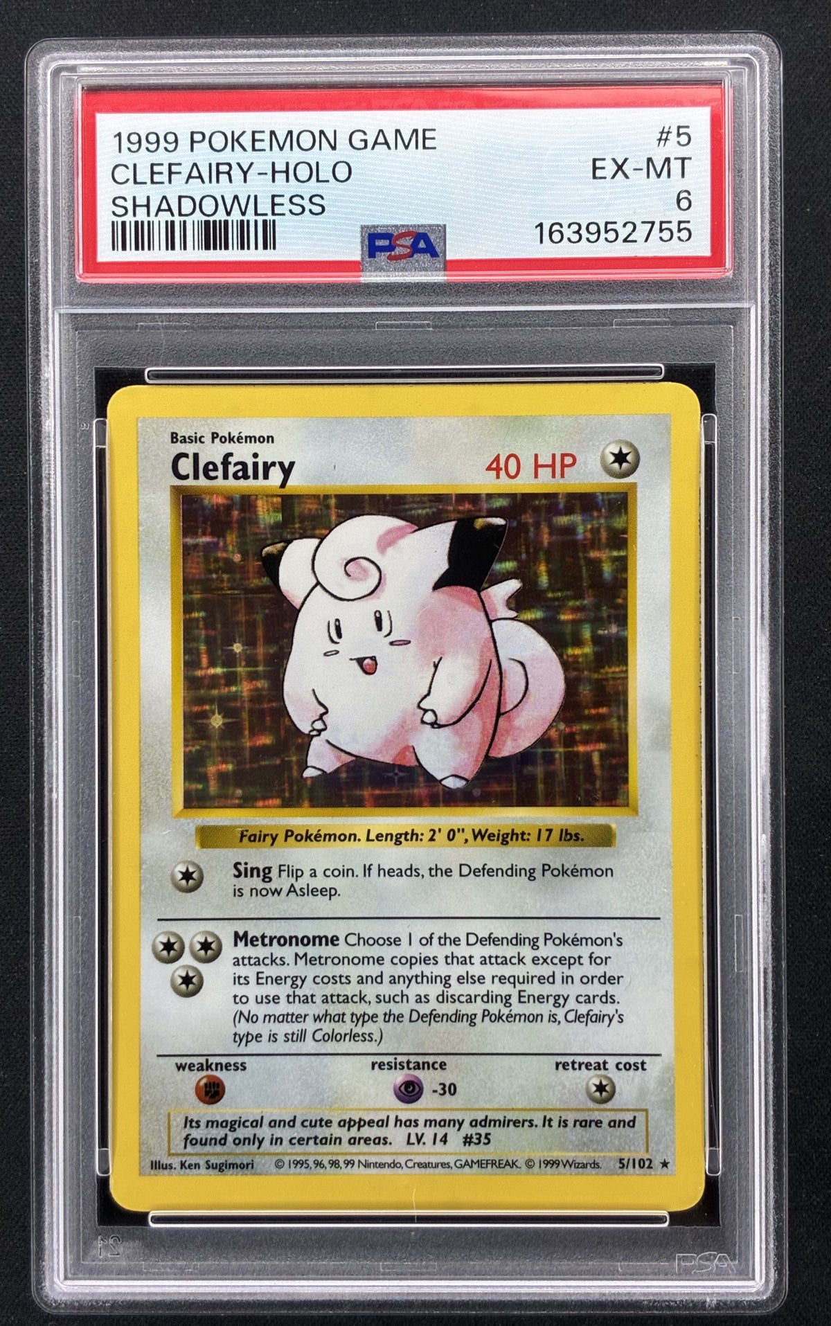 1999 Pokémon Base Set Shadowless Clefairy 5/102 Holo Rare PSA 6 EX-MT.