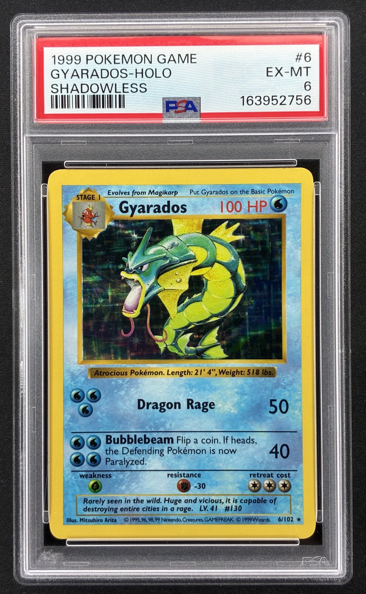 1999 Pokémon Base Set Shadowless Gyarados 6/102 Holo Rare PSA 6 EX-MT.