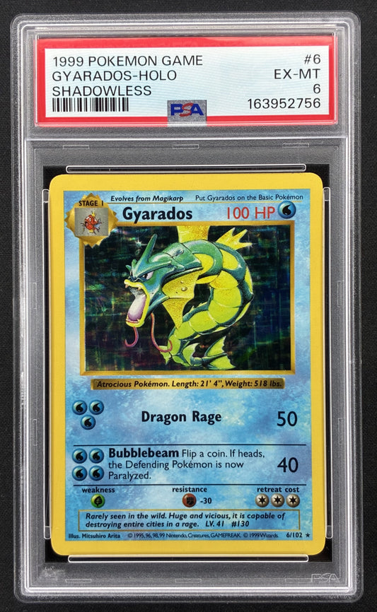 1999 Pokémon Base Set Shadowless Gyarados 6/102 Holo Rare PSA 6 EX-MT.
