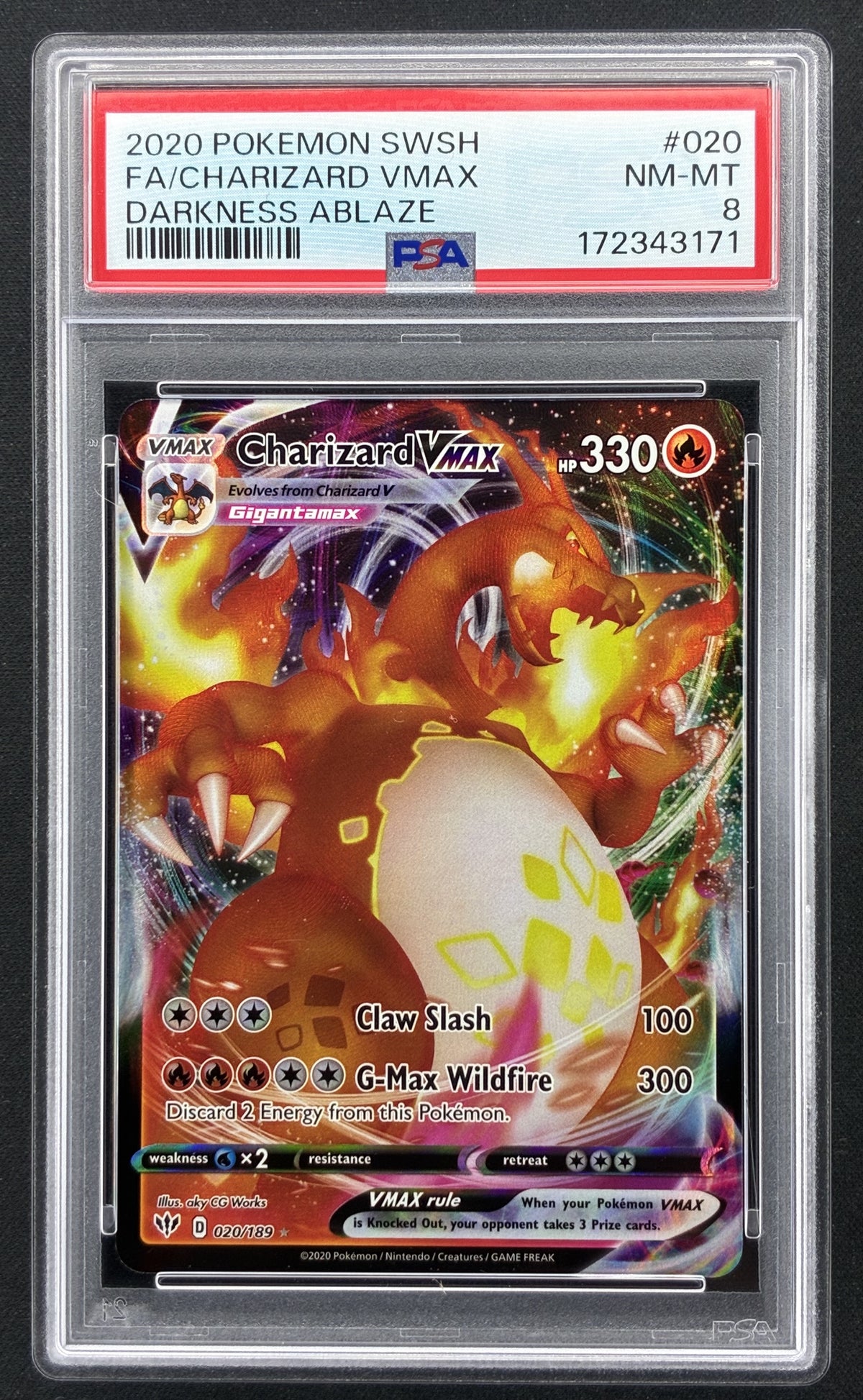 2020 Pokémon Darkness Ablaze Charizard VMAX 020/189 Holo PSA 8 NM-MT.