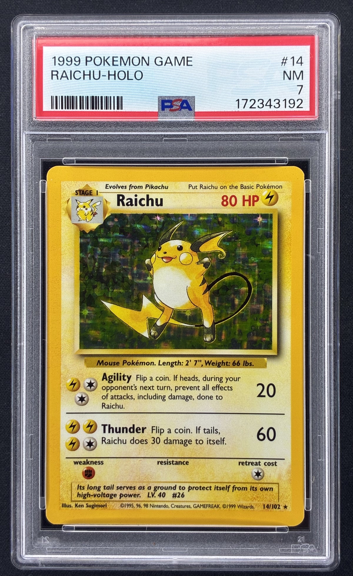1999 Pokémon Base Set Raichu 14/102 Unlimited Holo Rare PSA 7 Near Mint.
