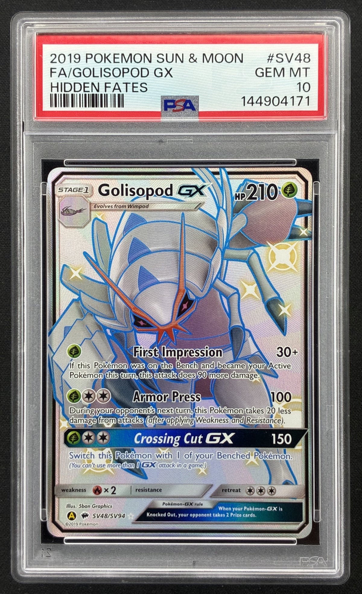 2019 Pokémon Hidden Fates Golisopod GX SV48 SV94 Shiny Vault Full Art Holo PSA 10 Gem Mint.