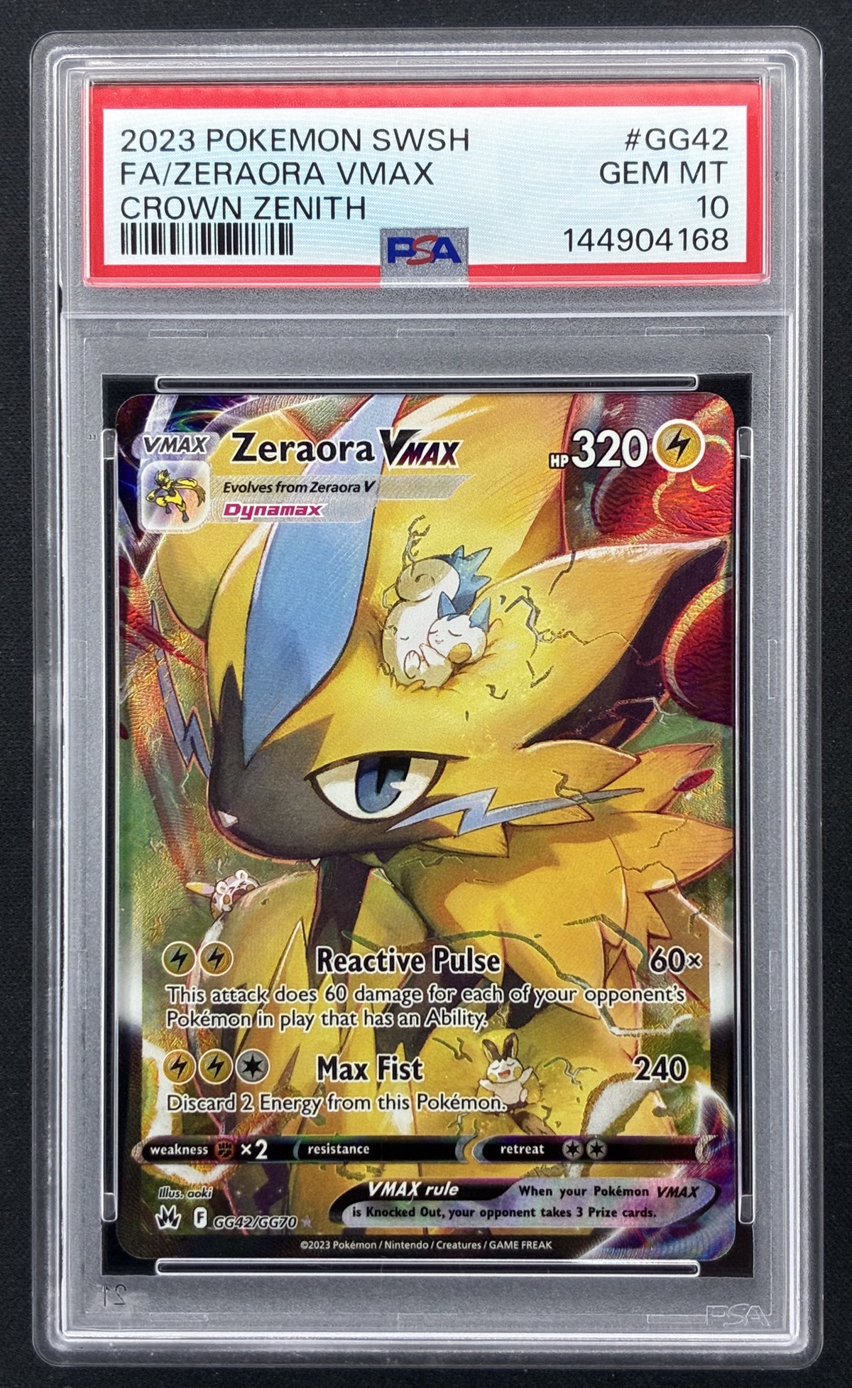 2023 Pokémon Crown Zenith Zeraora VMAX GG42 GG70 Galarian Gallery Full Art Holo PSA 10 Gem Mint.