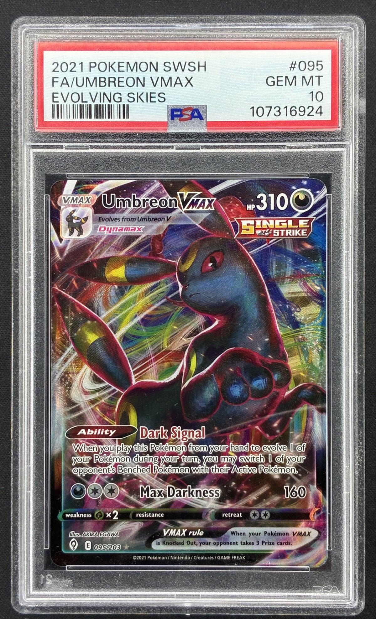 2021 Pokémon Evolving Skies Umbreon VMAX 095/203 Holo English PSA 10 Gem Mint.