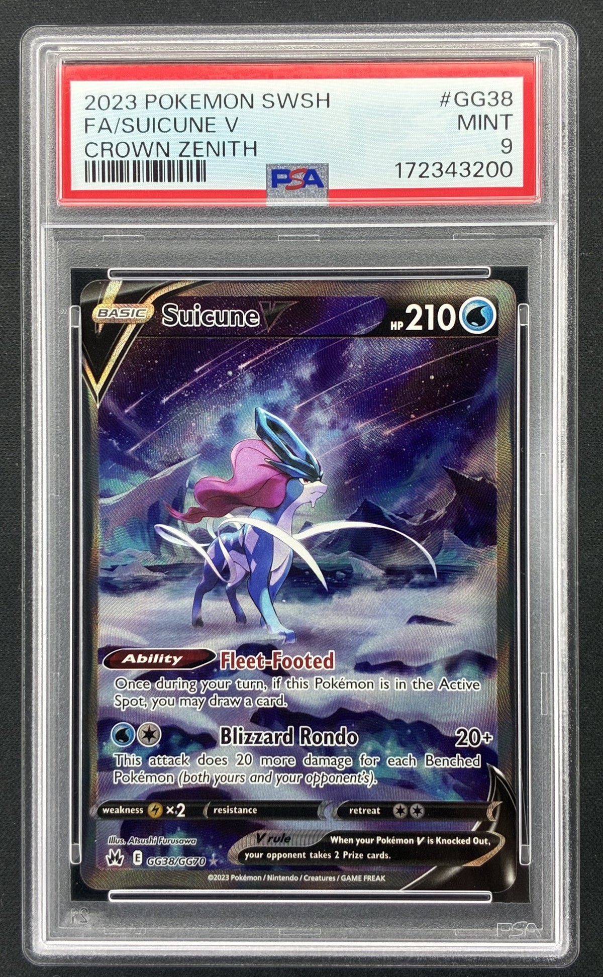 2023 Pokémon Crown Zenith Suicune V GG38 GG70 Galarian Gallery PSA 9 Mint.