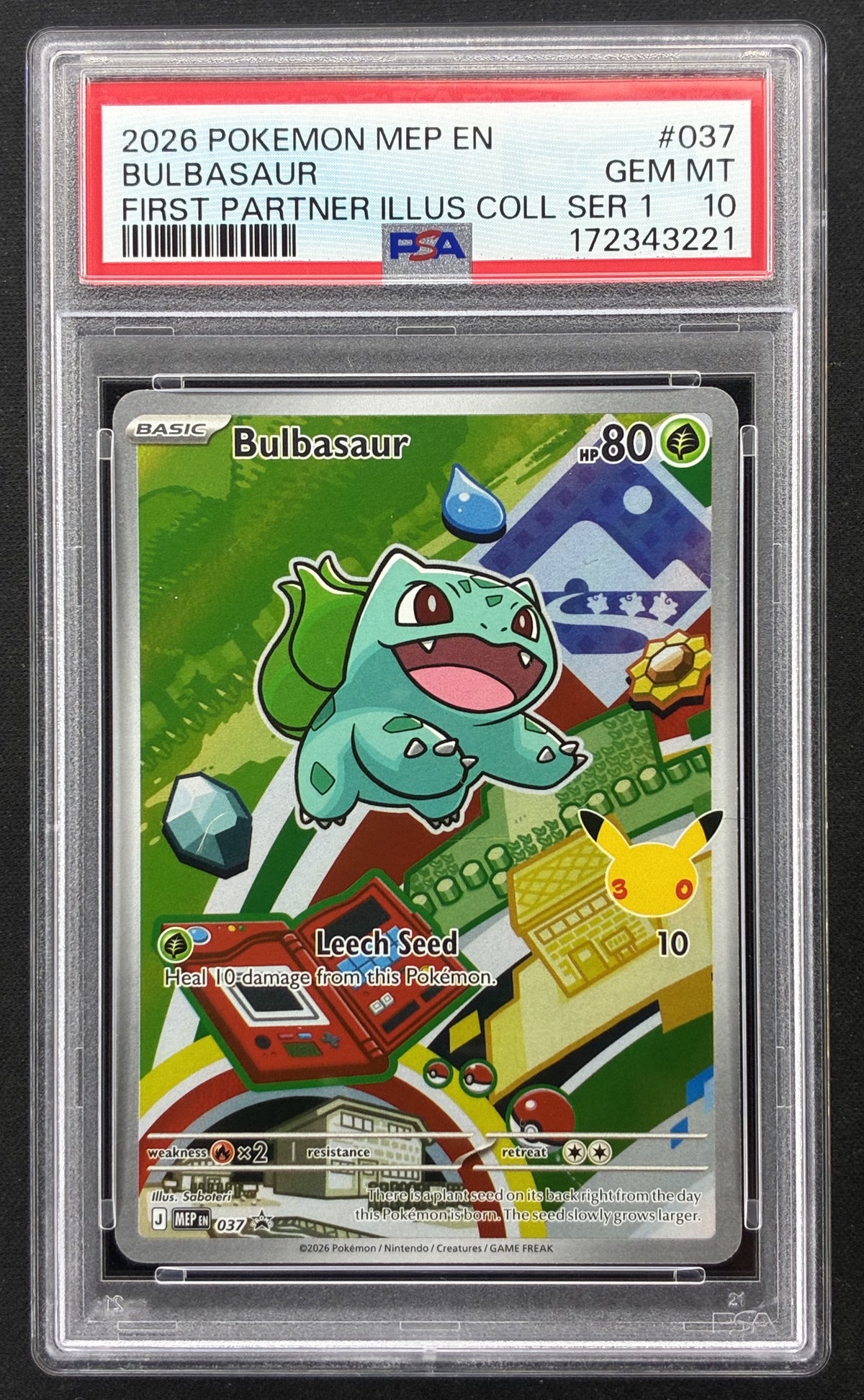 2026 Pokémon MEP First Partner Illustration Collection Bulbasaur 037 PSA 10 Gem Mint.