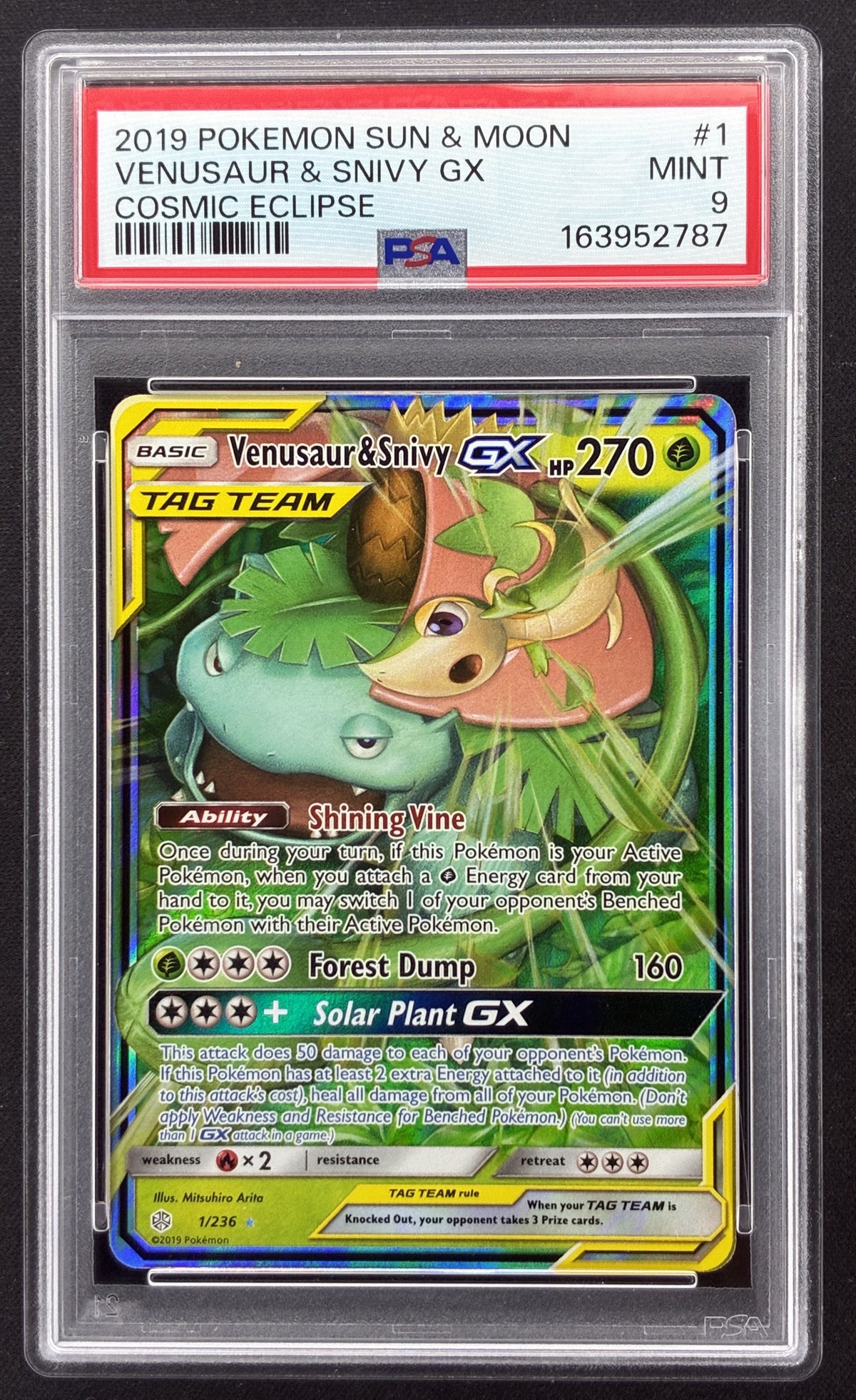 2019 Pokémon Unified Minds Rowlet and Alolan Exeggutor GX 1/236 TAG TEAM PSA 9 Mint.