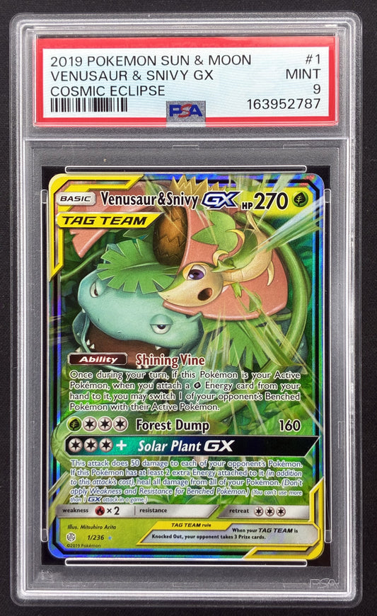 2019 Pokémon Unified Minds Rowlet and Alolan Exeggutor GX 1/236 TAG TEAM PSA 9 Mint.