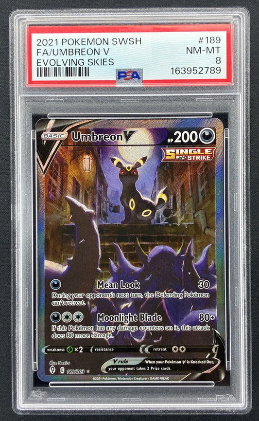 2021 Pokémon Evolving Skies Umbreon V 189/203 Alternate Full Art Holo PSA 8 NM-MT.
