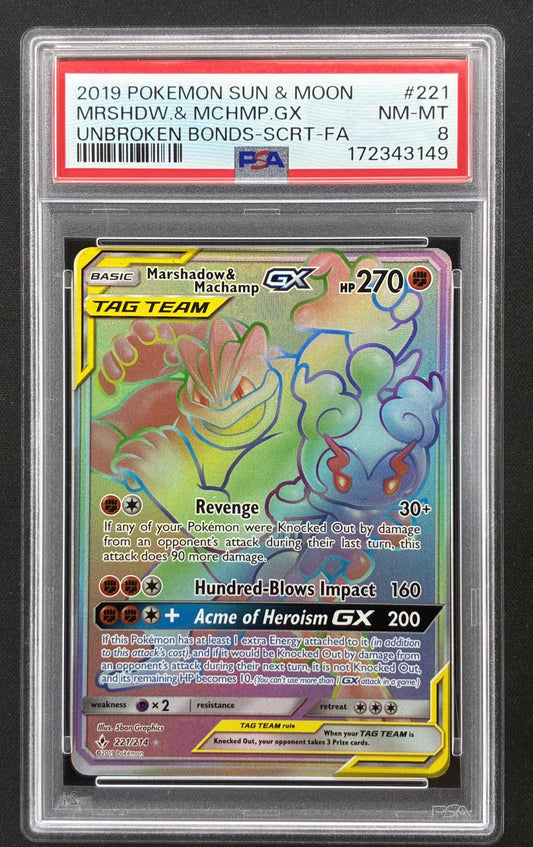 2019 Pokémon Unbroken Bonds Marshadow and Machamp GX 221/214 Rainbow Secret Rare PSA 8 NM-MT.