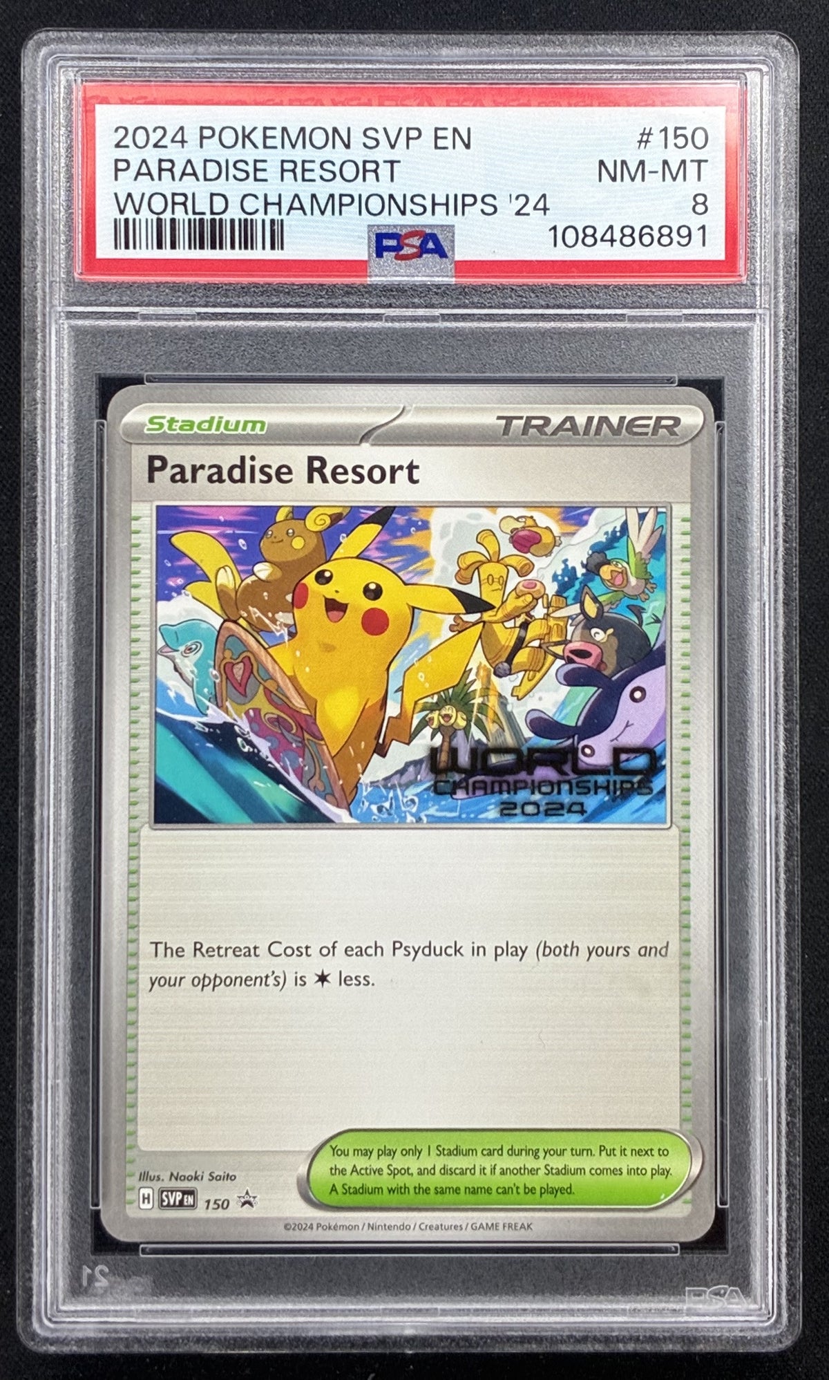 2024 Pokémon Paradise Resort #150 English World Championships Promo PSA 8 NM-MT.