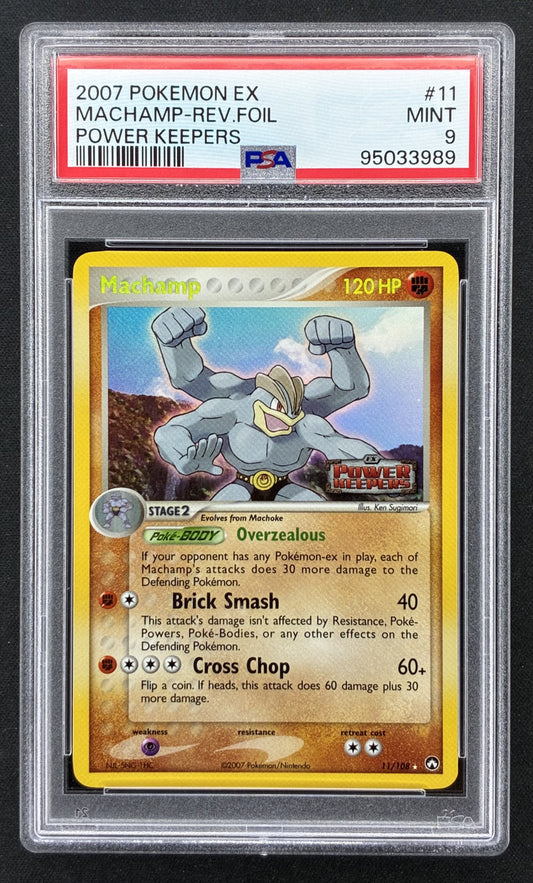 2007 Pokémon Machamp 11/108 EX Power Keepers Reverse Holo English trading card graded PSA 9 Mint.