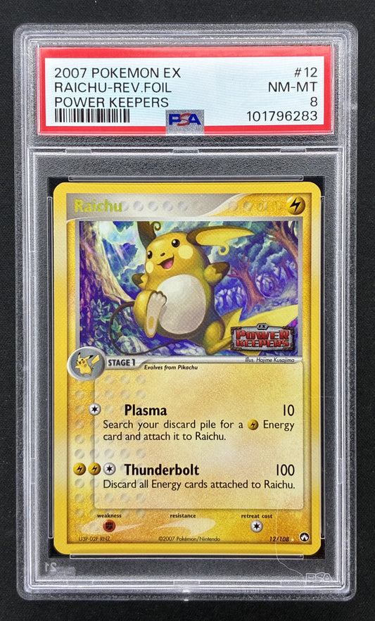 2007 Pokémon Raichu 12/108 EX Power Keepers Reverse Holo Rare graded PSA 8 NM-MT trading card.
