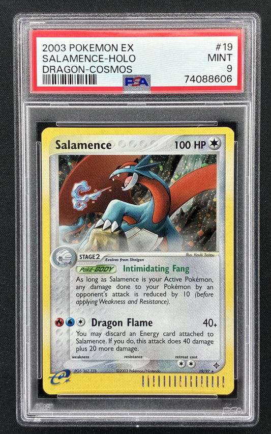 2003 Pokémon Salamence 19/97 EX Dragon Cosmos Holo variant graded PSA 9 Mint trading card.