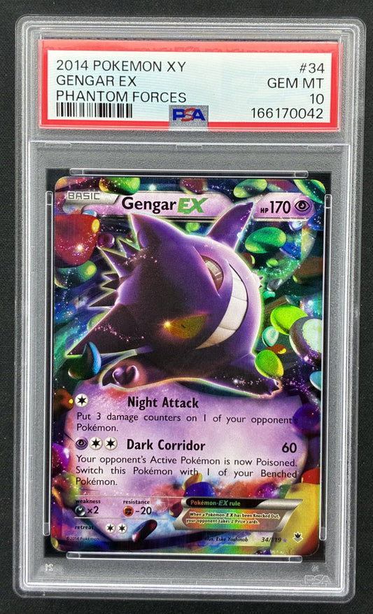 2014 Pokémon Gengar EX 34/119 XY Phantom Forces Ultra Rare Holo PSA 10 Gem Mint graded trading card.