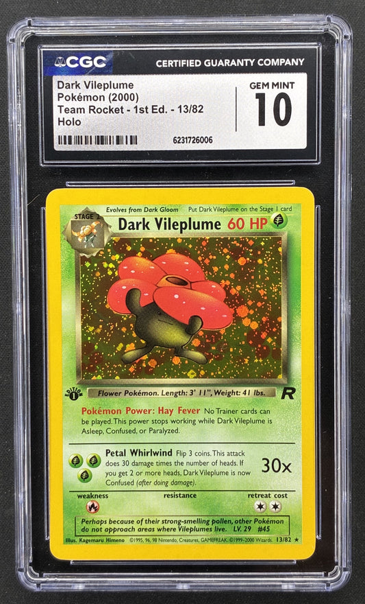 2000 Pokémon Dark Vileplume 13/82 Team Rocket 1st Edition Holo Rare CGC 10 Gem Mint graded trading card.