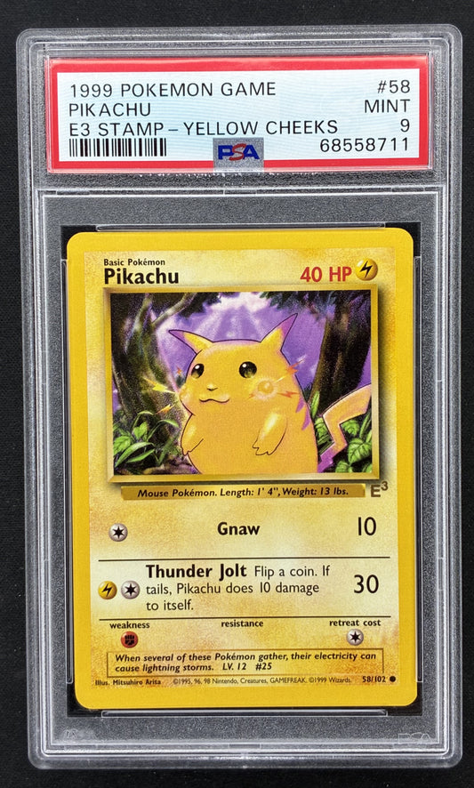 1999 Pokémon Pikachu 58/102 Base Set E3 Stamp Yellow Cheeks promotional card, professionally graded PSA 9 Mint. Vintage Wizards of the Coast Pokémon.