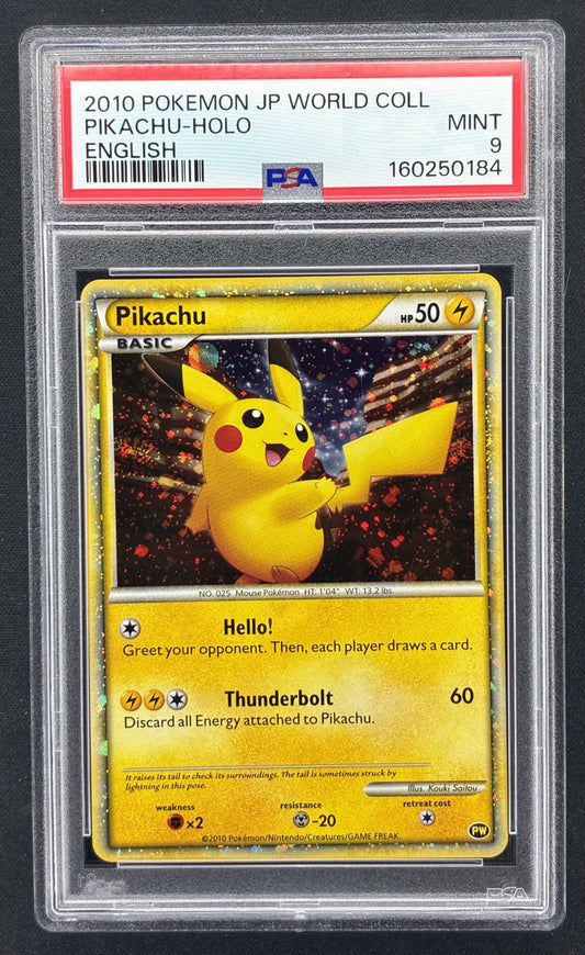 2010 Pokémon English World Pikachu Holo promotional trading card professionally graded PSA 9 Mint.