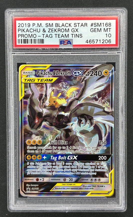2019 Pokémon Pikachu & Zekrom GX SM168 TAG TEAM Tin English Black Star Promo PSA 10 Gem Mint graded trading card.