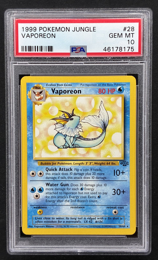 1999 Pokémon Vaporeon 28/64 Jungle Unlimited Non-Holo Rare PSA 10 Gem Mint graded trading card.