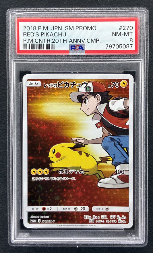 2018 Pokémon Red's Pikachu 270/SM-P Japanese Pokémon Center 20th Anniversary Promo PSA 8 NM-MT graded card.