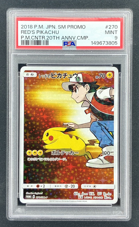 PSA 9 2018 Japanese Red's Pikachu #270/SM-P Sun & Moon Promo Holo graded card