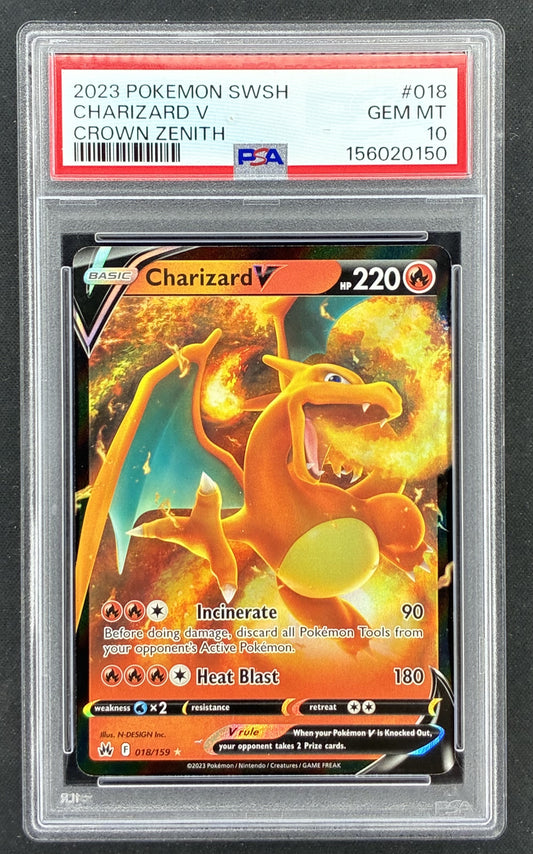 2023 Pokémon Sword & Shield Crown Zenith Charizard V 018/159 Ultra Rare Holofoil trading card professionally graded PSA 10 Gem Mint.