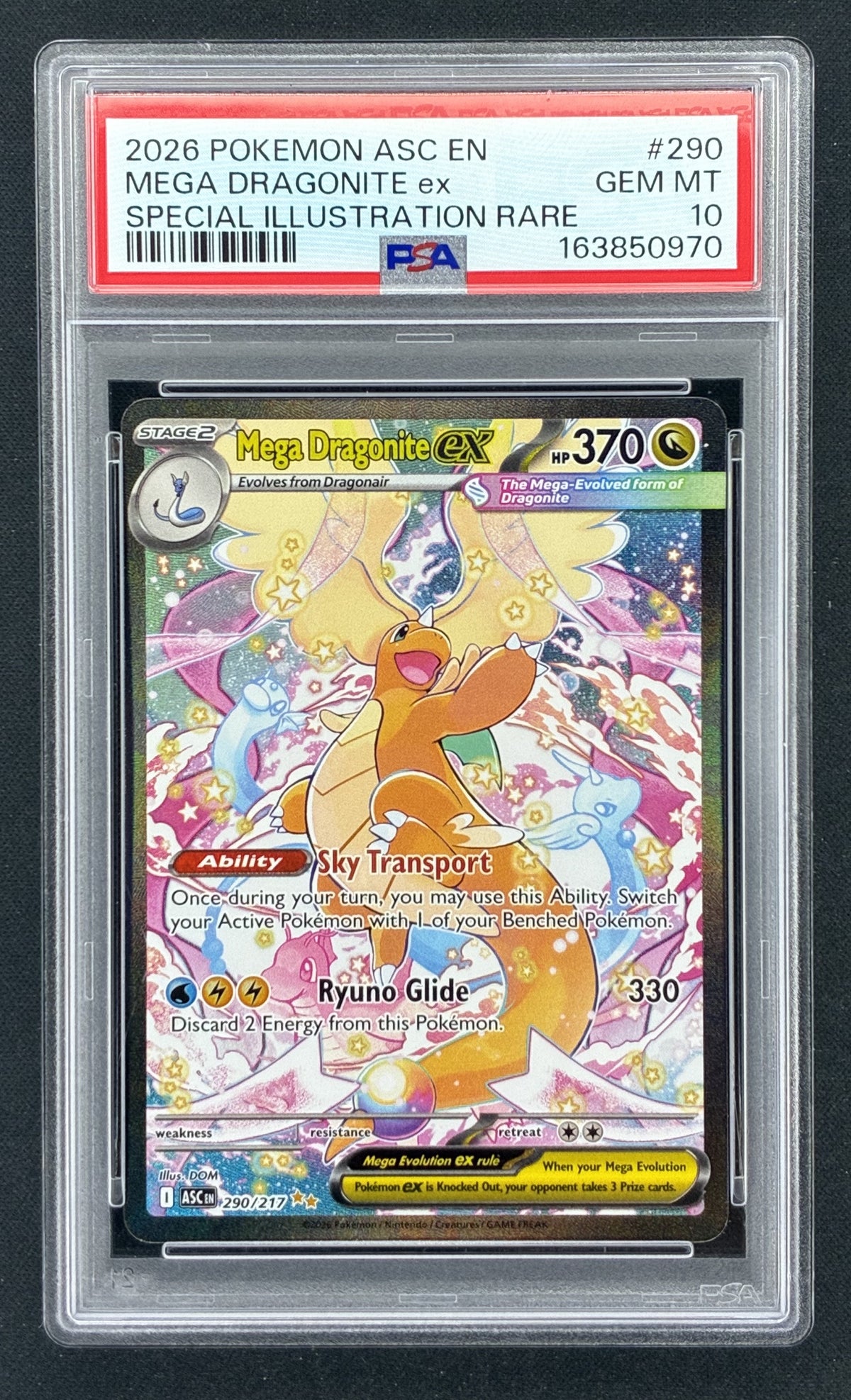 2026 Pokémon Mega Evolution Ascended Heroes Mega Dragonite ex 290/217 Special Illustration Rare holographic card professionally graded PSA 10 Gem Mint.