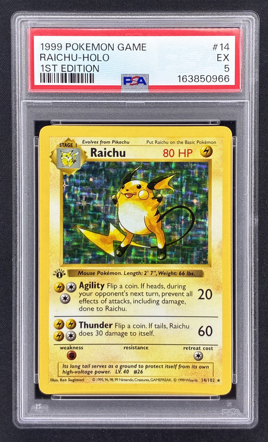 1999 Pokémon Base Set 1st Edition Shadowless Raichu 14/102 holographic card illustrated by Ken Sugimori, professionally graded PSA 5 Excellent.