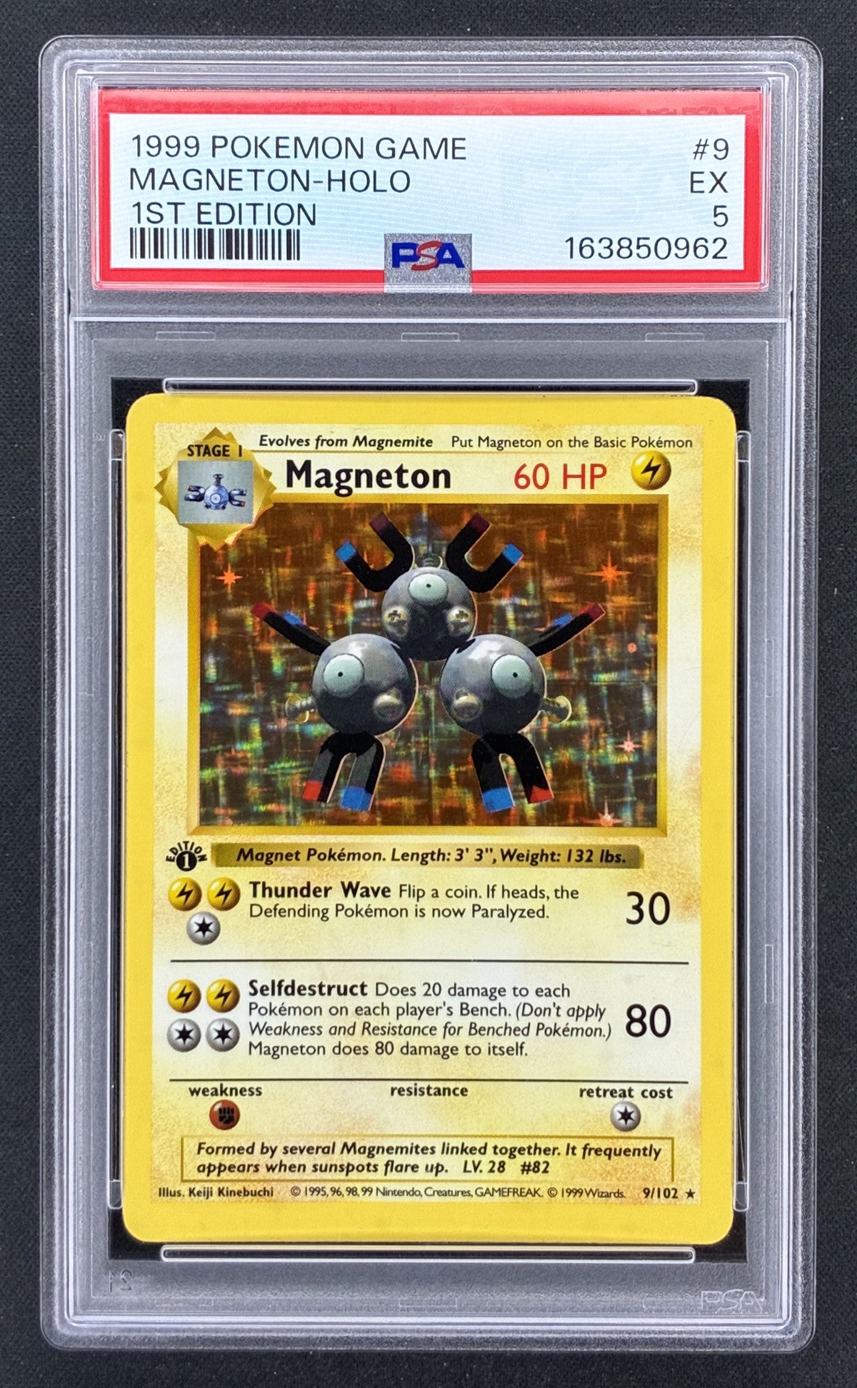 1999 Pokémon Base Set 1st Edition Shadowless Magneton 9/102 holographic card illustrated by Keiji Kinebuchi, professionally graded PSA 5 Excellent.