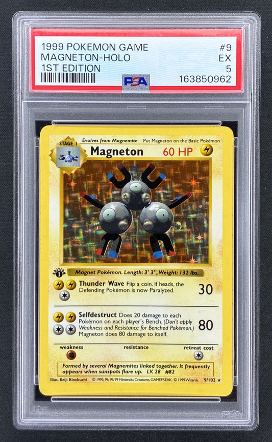 1999 Pokémon Base Set 1st Edition Shadowless Magneton 9/102 holographic card illustrated by Keiji Kinebuchi, professionally graded PSA 5 Excellent.