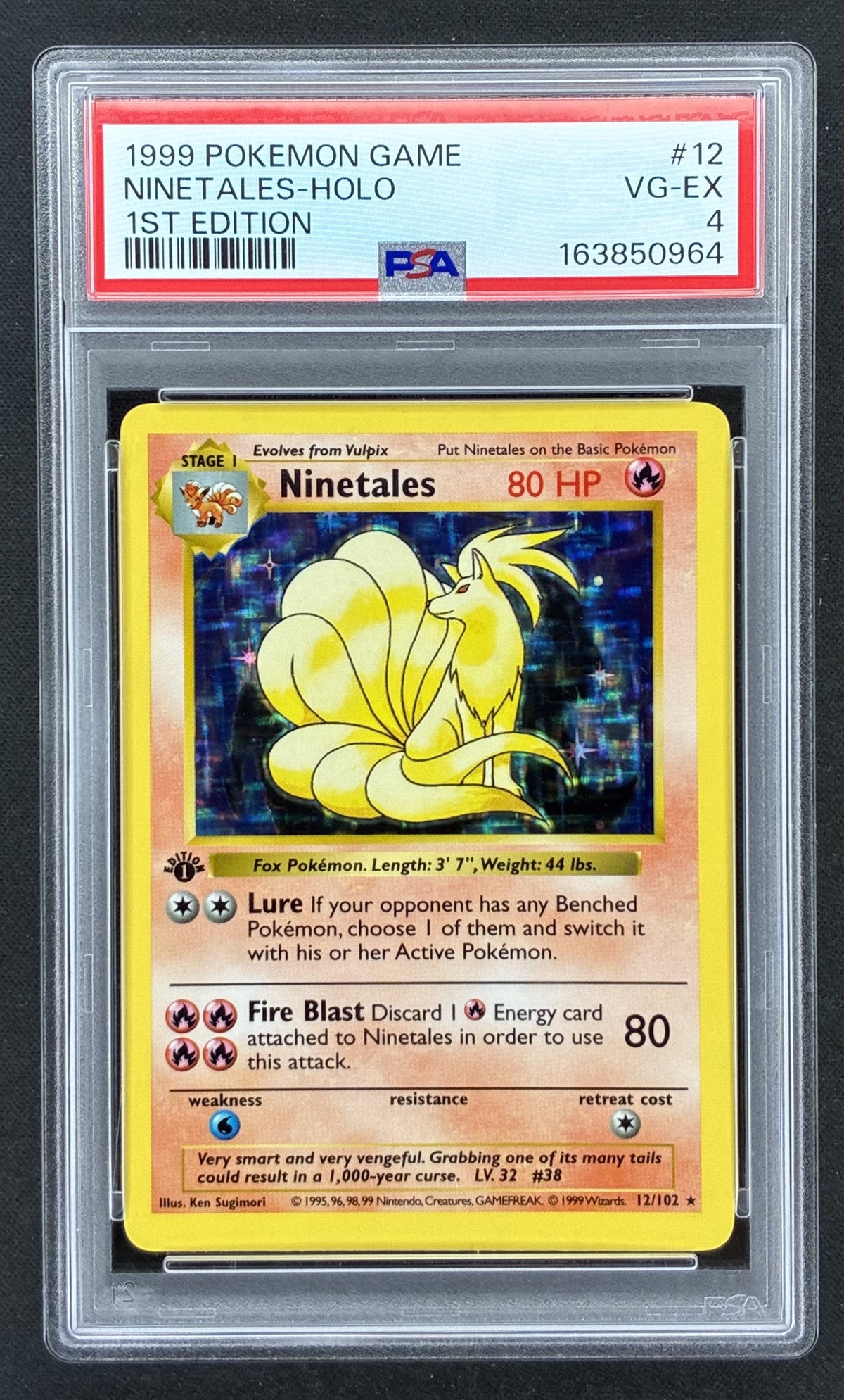 1999 Pokémon Base Set 1st Edition Shadowless Ninetales 12/102 holographic card illustrated by Ken Sugimori, professionally graded PSA 4 VG-EX.