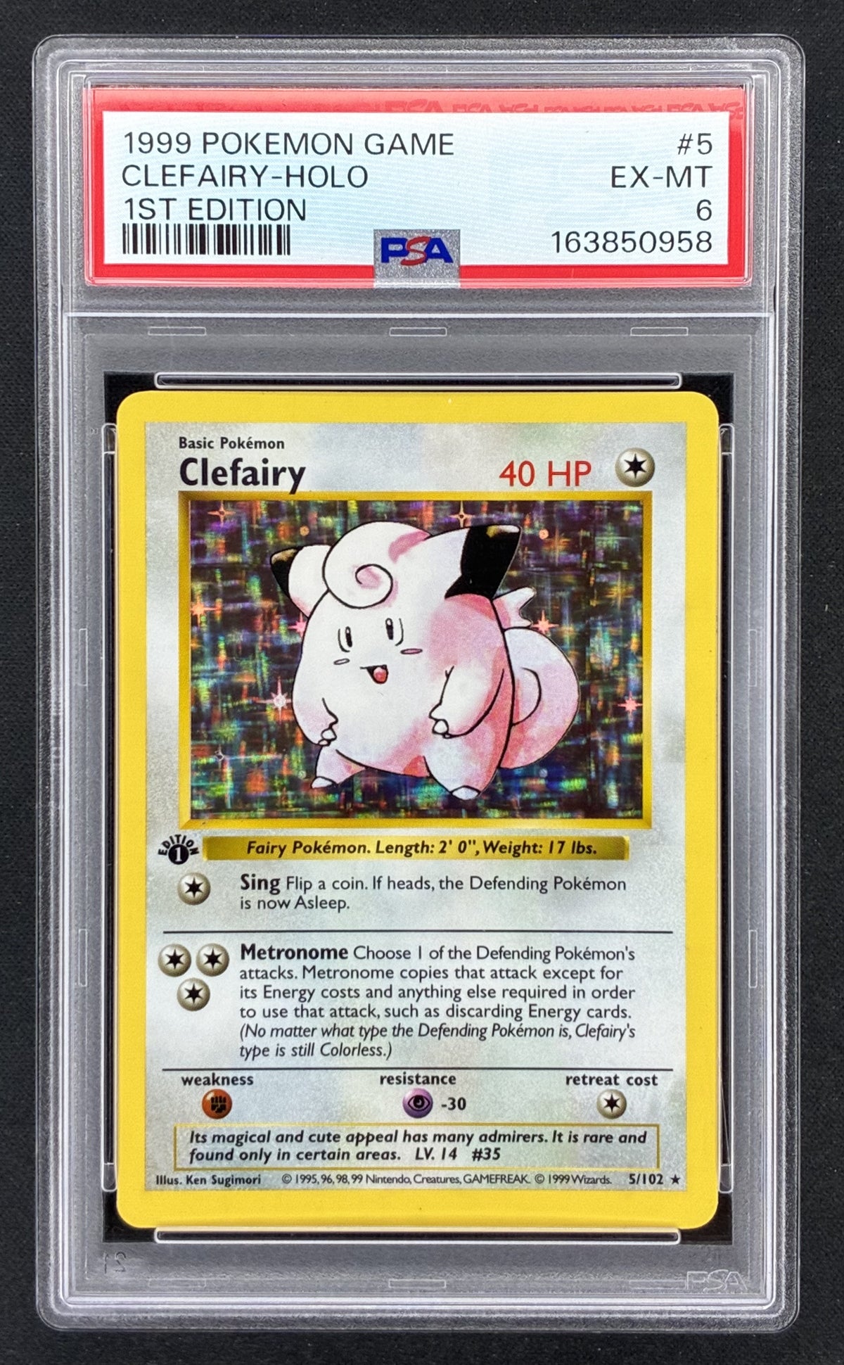 1999 Pokémon Base Set 1st Edition Shadowless Clefairy 5/102 holographic card illustrated by Ken Sugimori, professionally graded PSA 6 EX-MT.