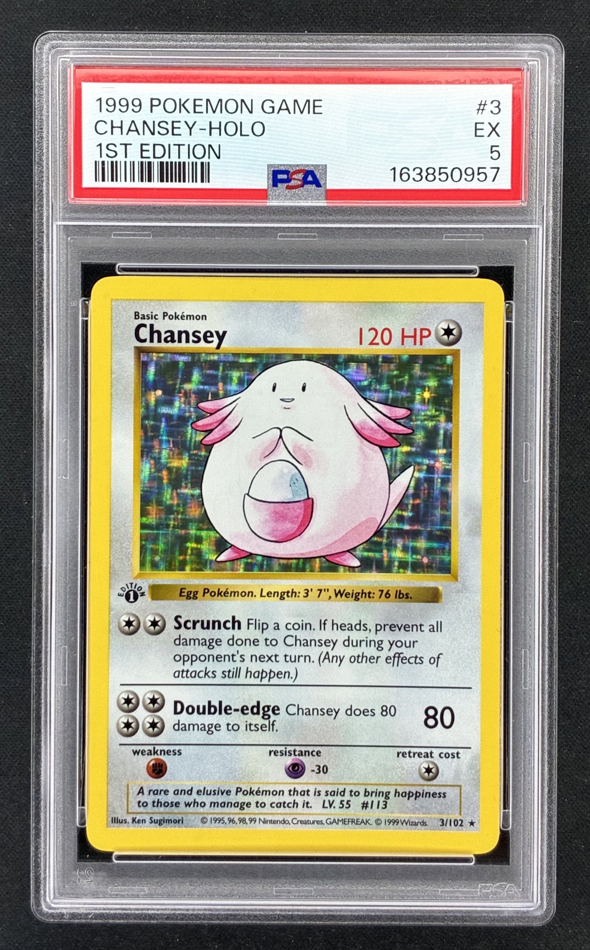 1999 Pokémon Base Set 1st Edition Shadowless Chansey 3/102 holographic card illustrated by Ken Sugimori, professionally graded PSA 5 Excellent.