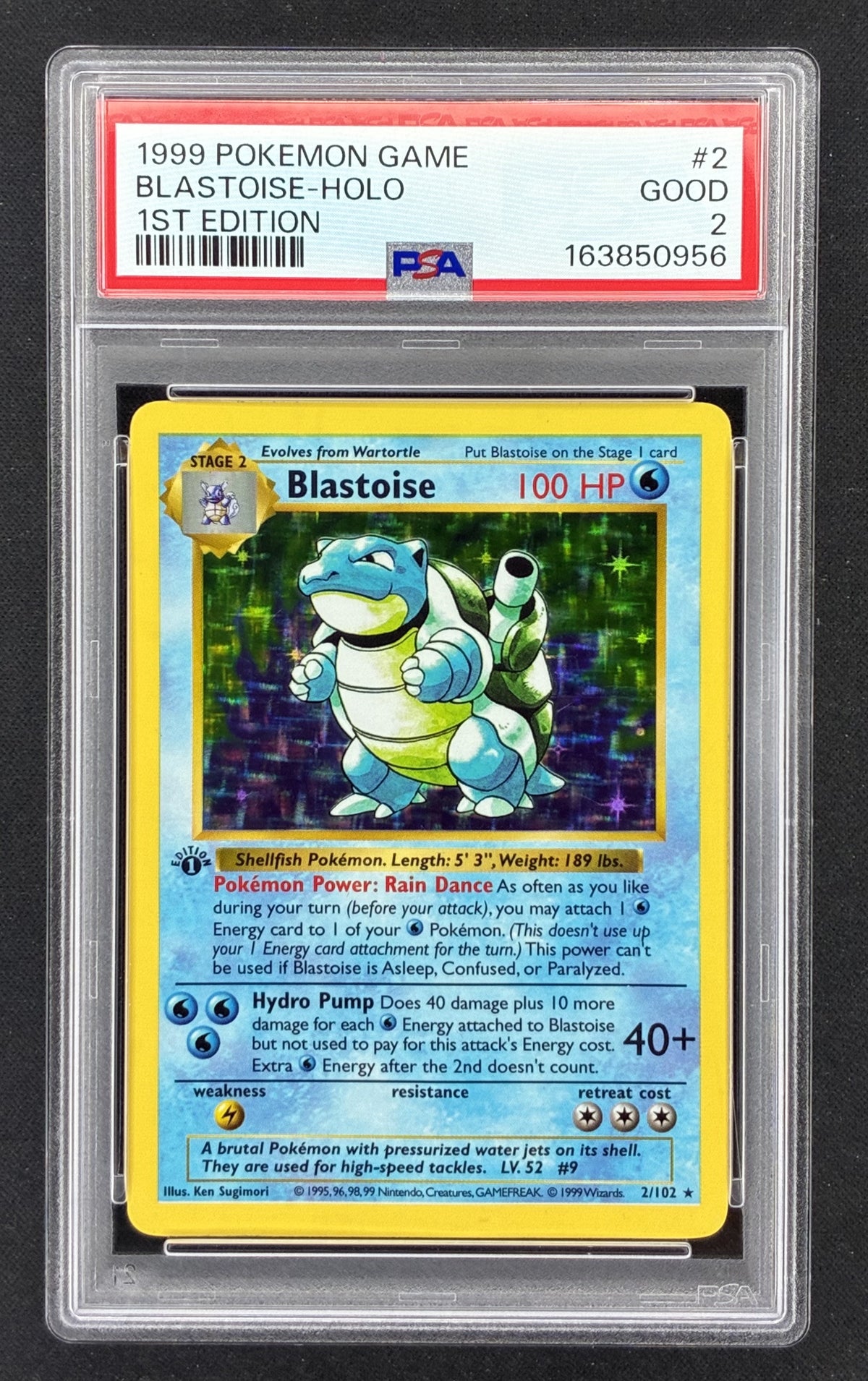1999 Pokémon Base Set 1st Edition Shadowless Blastoise 2/102 holographic card illustrated by Ken Sugimori, professionally graded PSA 2 Good.