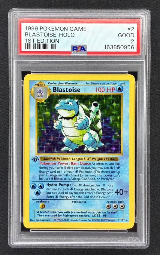 1999 Pokémon Base Set 1st Edition Shadowless Blastoise 2/102 holographic card illustrated by Ken Sugimori, professionally graded PSA 2 Good.