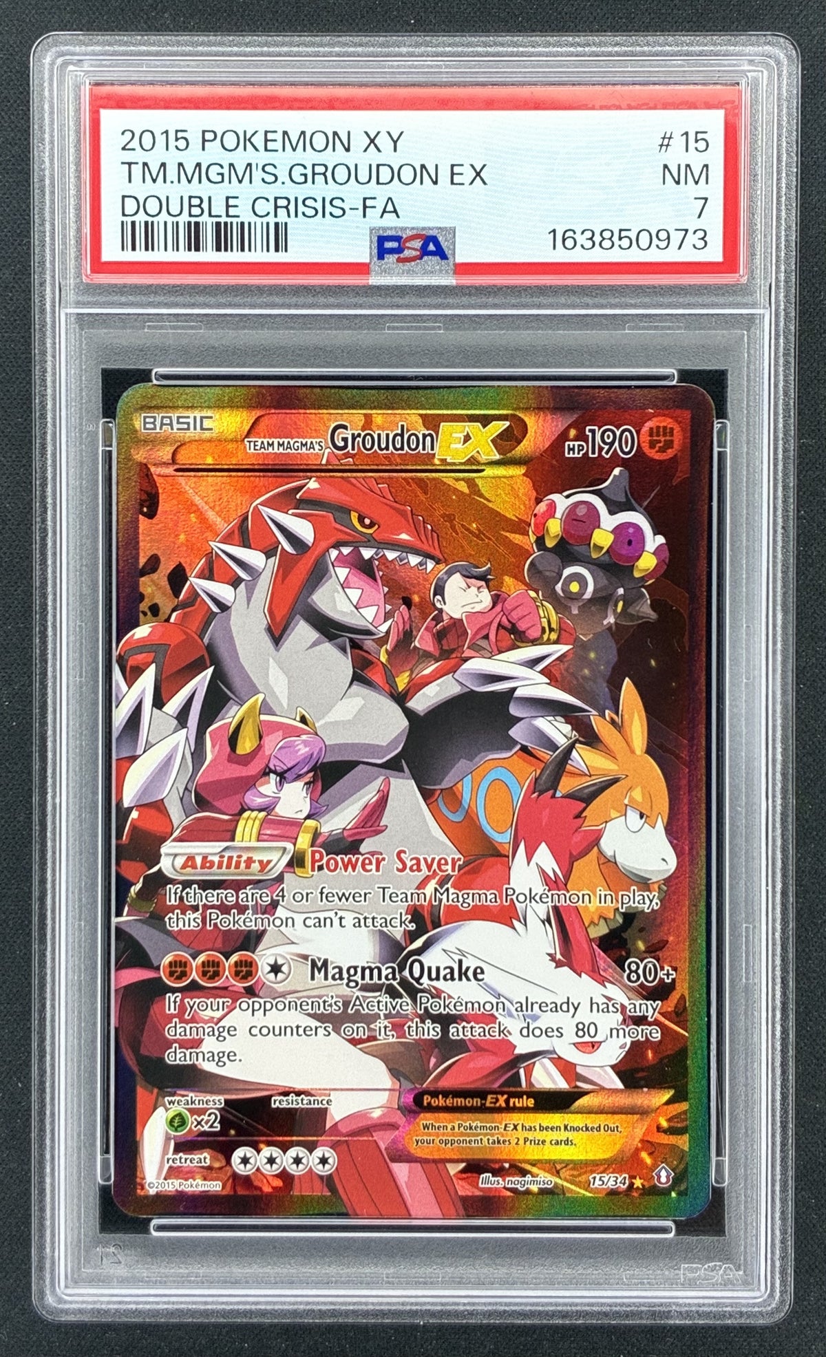 2015 Pokémon XY Double Crisis Team Magma's Groudon EX 15/34 Full Art holographic card professionally graded PSA 7 Near Mint.