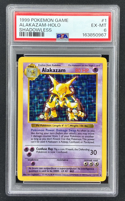 1999 Pokémon Base Set Shadowless Alakazam 1/102 holographic card illustrated by Ken Sugimori, professionally graded PSA 6 EX-MT.