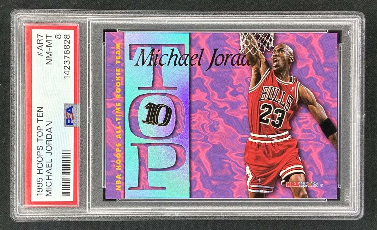 1995-96 NBA Hoops Michael Jordan Top Ten insert card #AR7 featuring the Chicago Bulls legend, professionally graded PSA 8 Near Mint-Mint.