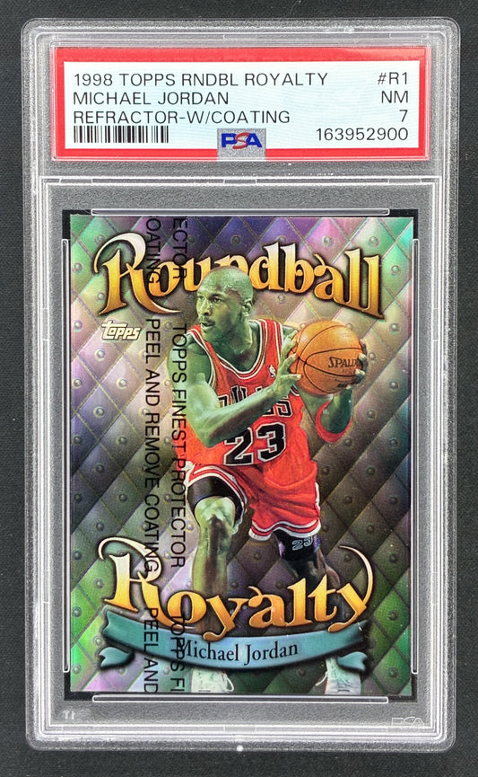 1998-99 Topps Chrome Basketball Michael Jordan Roundball Royalty Refractor insert card #R1 featuring the Chicago Bulls legend, professionally graded PSA 7 Near Mint.