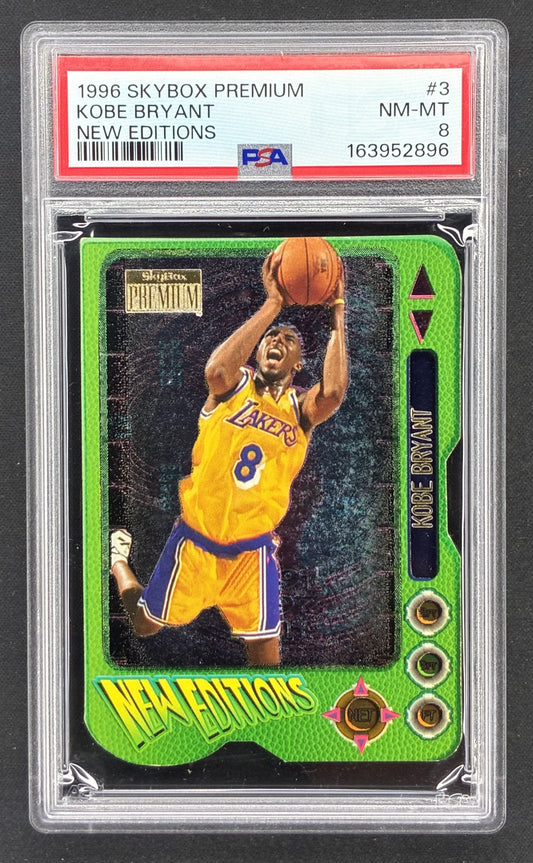 1996-97 SkyBox Premium New Editions Kobe Bryant rookie-year insert card #3 featuring the Los Angeles Lakers legend, professionally graded PSA 8 NM-MT.