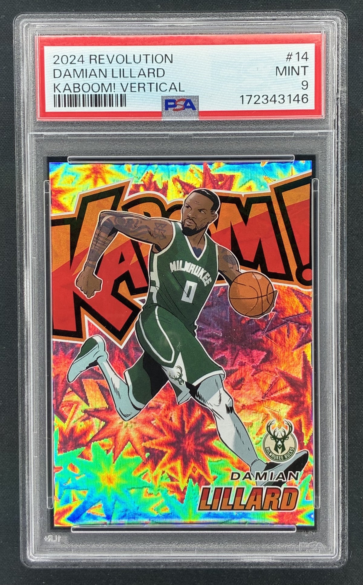 2024 Panini Revolution Basketball Damian Lillard Kaboom Vertical insert card featuring the Milwaukee Bucks star, professionally graded PSA 9 Mint.
