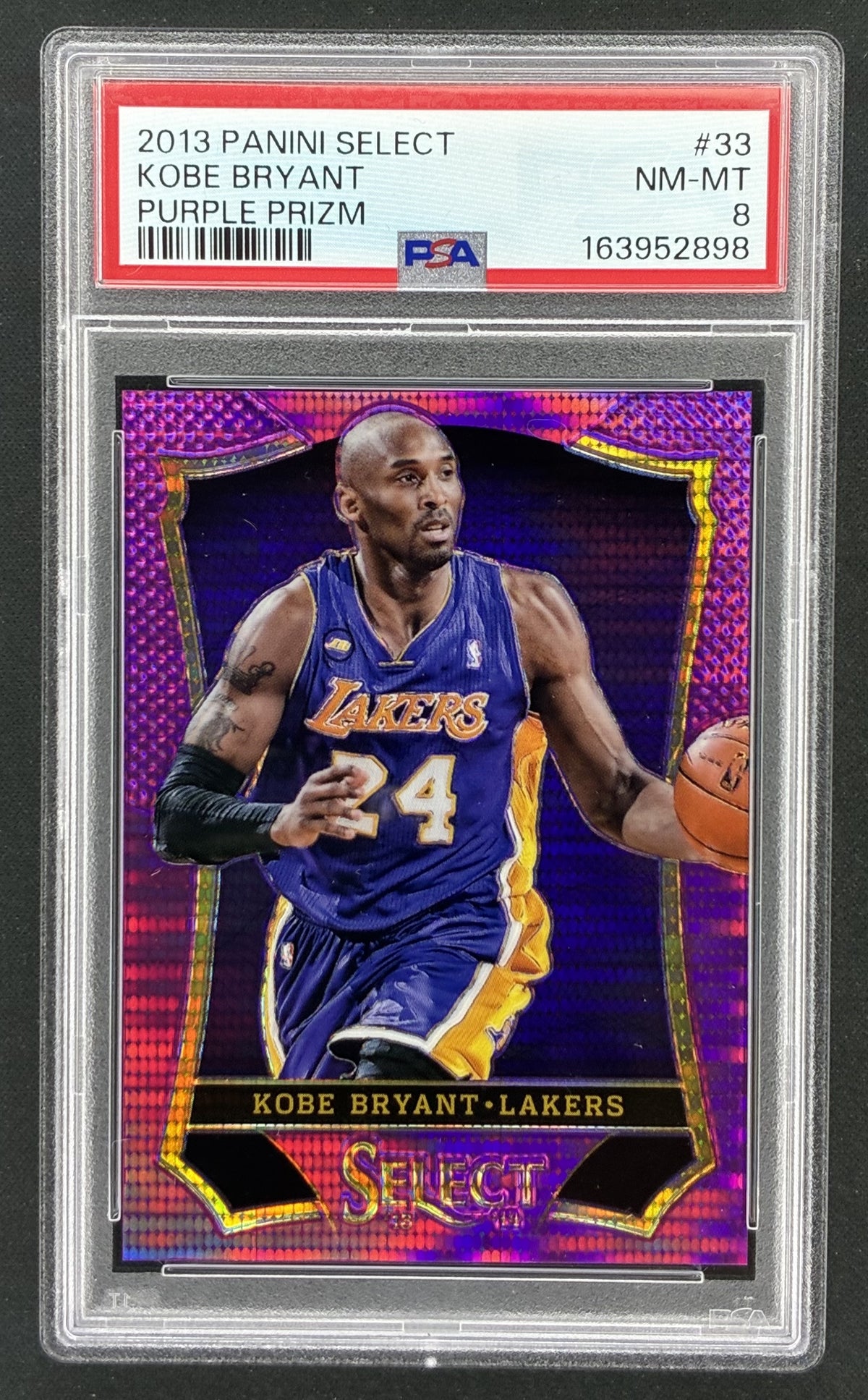 2013-14 Panini Select Basketball Kobe Bryant Red Hot Purple Pulsar Prizm card #3 numbered to 99, professionally graded PSA 8 NM-MT.