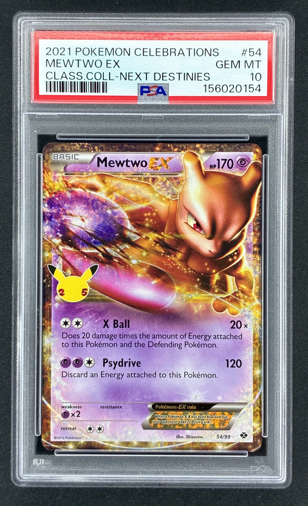 2021 Pokémon Celebrations Classic Collection Mewtwo EX 54/99 holographic 25th Anniversary reprint from Next Destinies, professionally graded PSA 10 Gem Mint.