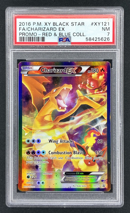 2016 Pokémon XY Charizard EX XY121 Red & Blue Collection Full Art holographic promotional card illustrated by Hitoshi Ariga, professionally graded PSA 7 Near Mint.
