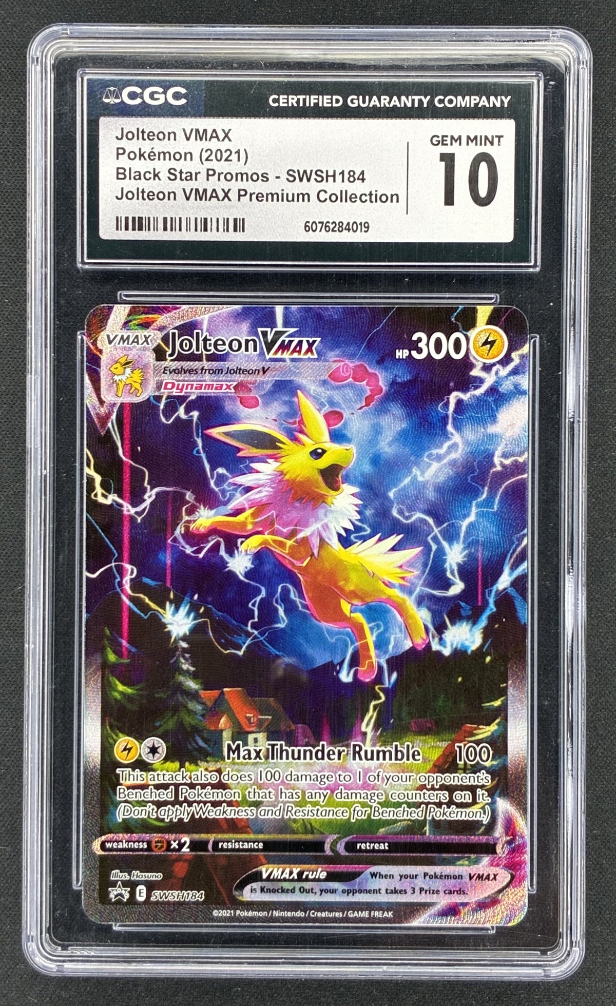 2021 Pokémon Sword & Shield Jolteon VMAX SWSH184 Black Star promotional holographic card professionally graded CGC 10 Gem Mint.