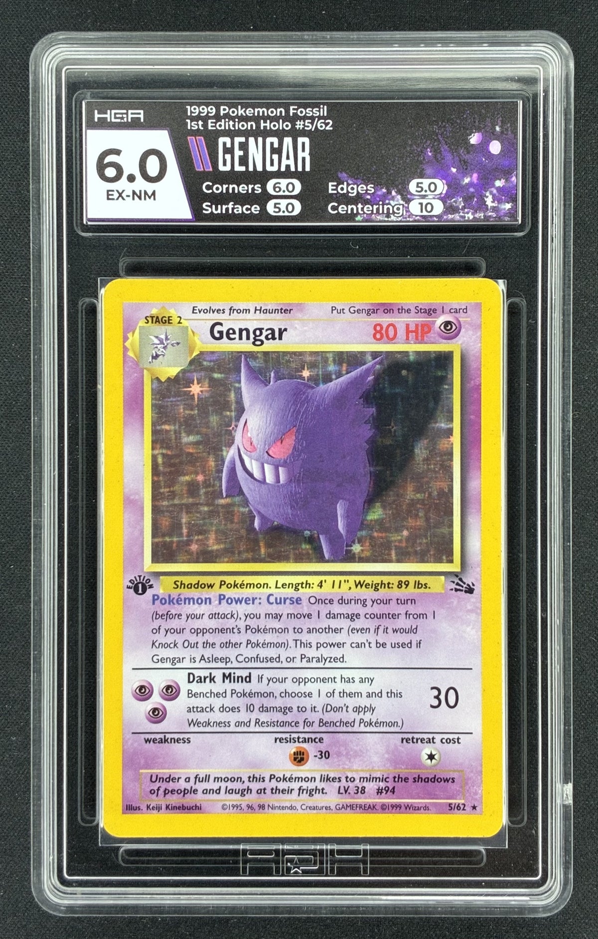 1999 Pokémon Fossil 1st Edition Gengar 5/62 holographic card illustrated by Keiji Kinebuchi, professionally graded HGA 6 EX-MT.