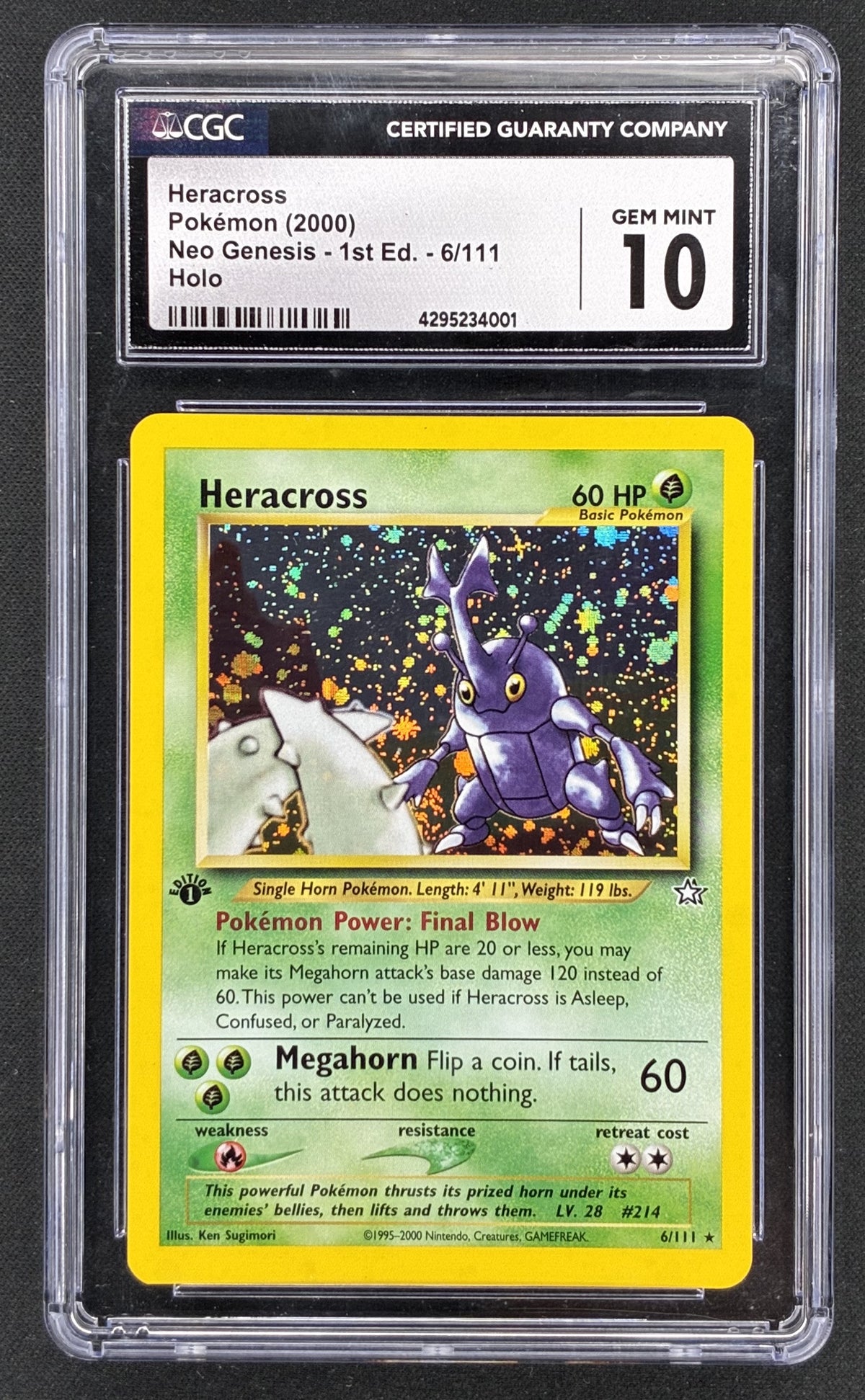 2000 Pokémon Neo Genesis 1st Edition Heracross 6/111 holographic card illustrated by Ken Sugimori, professionally graded CGC 10 Gem Mint.